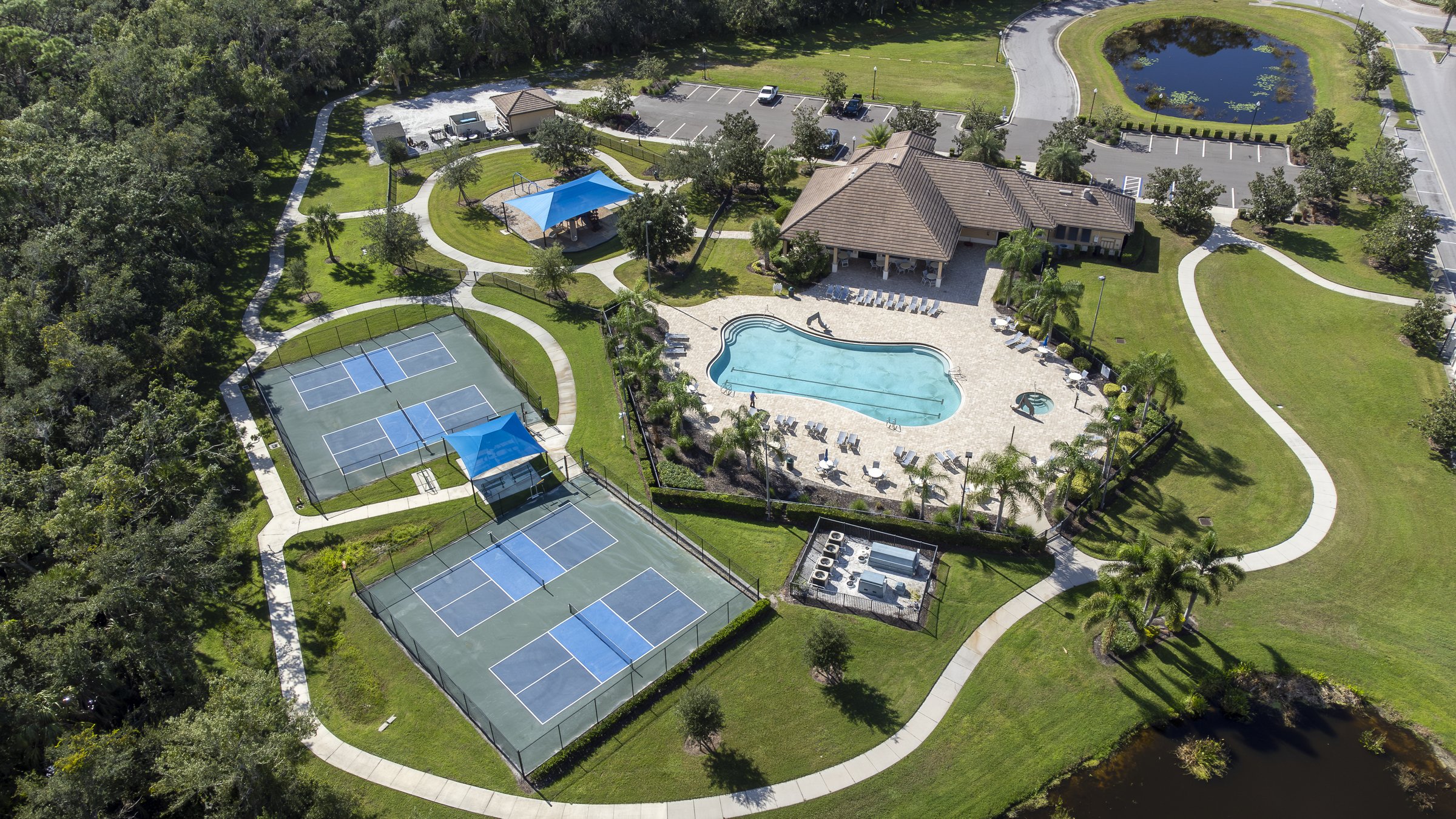 Community clubhouse and pool aerial