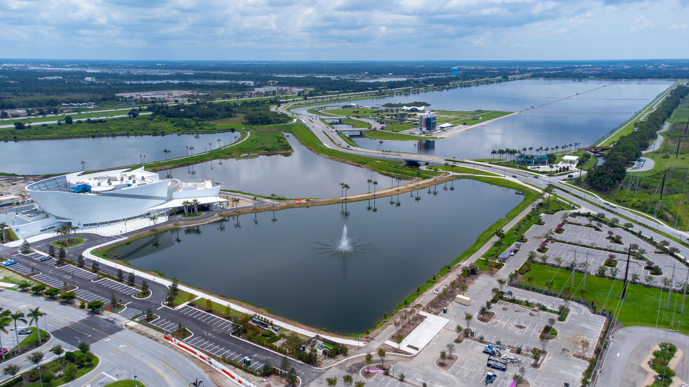 Wide drone aerial of Sarasota waterway and development