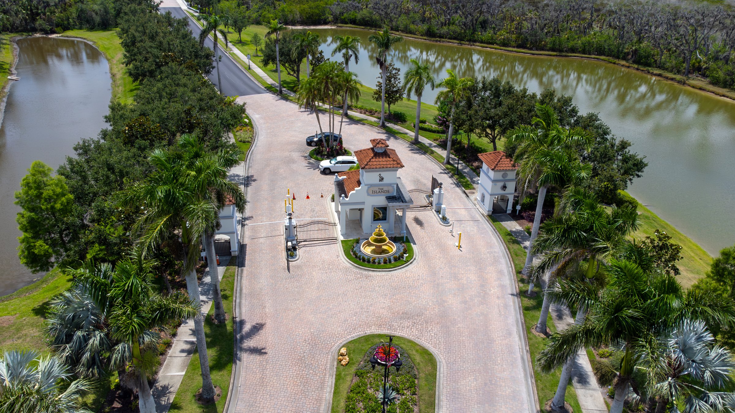 Gated community entry drone aerial, Sarasota